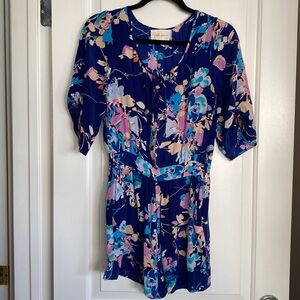 Yumi Kim Romper Colorful Blue Floral 100% Silk Pockets XS